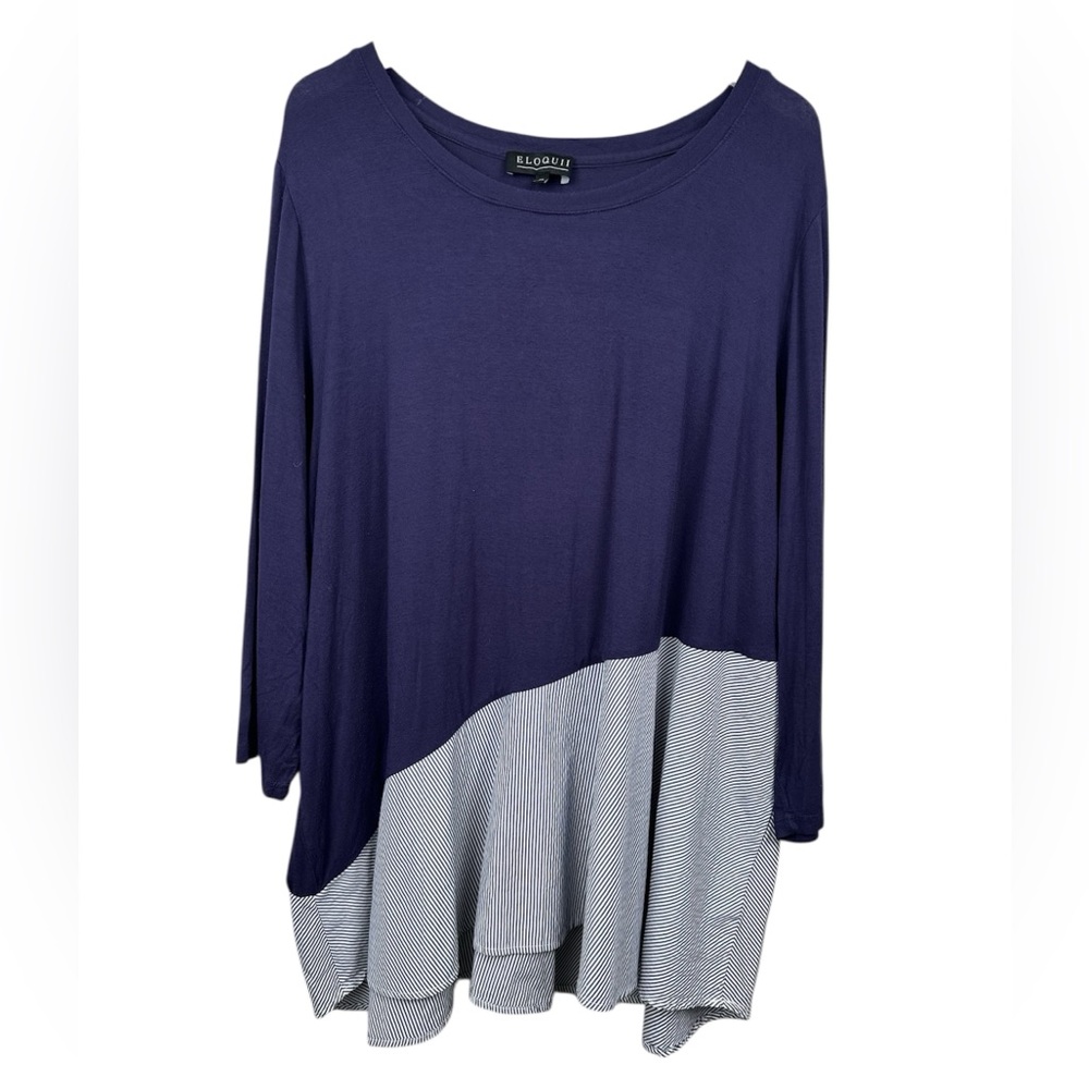 Eloquii navy blue upper striped asymmetrical peplum hem tunic top blouse 28